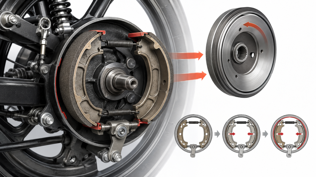 Motorcycle drum brake assembly with brake shoes